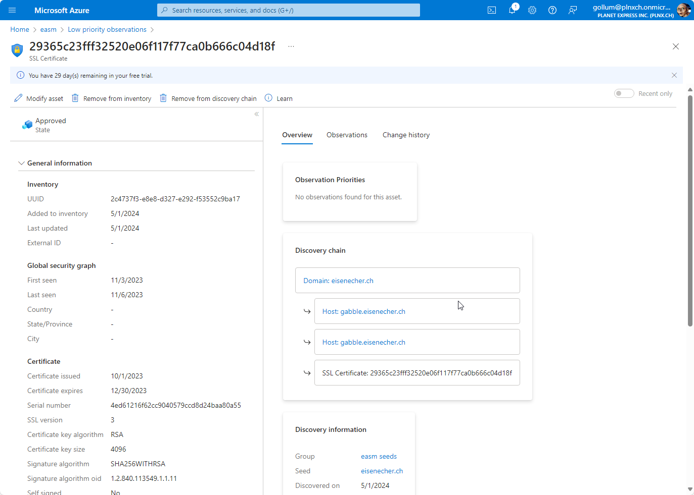 EASM Observations Priority Low - Expired SSL Certificates - Detail 1