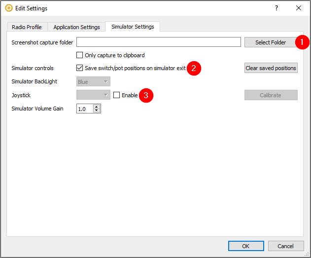 Settings window, page "Simulator Settings"